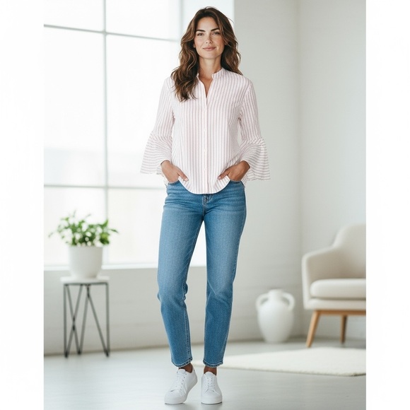 CHAPS Bell Sleeve Button Down Women’s Blouse, Linen&Cotton, Red/White, Large - Picture 11 of 11